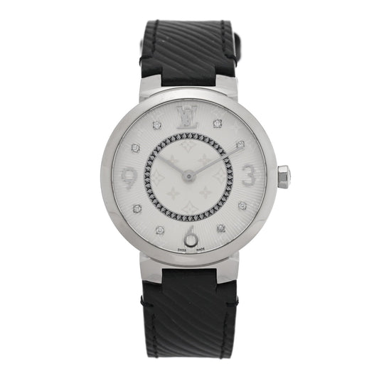 Stainless Steel Epi Diamond 33mm Tambour Slim Quartz Watch Black